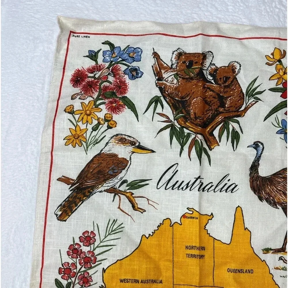 Vintage Map of Australia by HEIL Linen Tea Towel Wall Art Tapestry Linen Koala